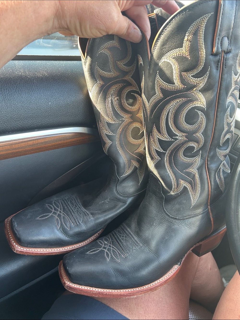 Black Leather Cowboy Boot with Tan Embroidery - Picture 7 of 7